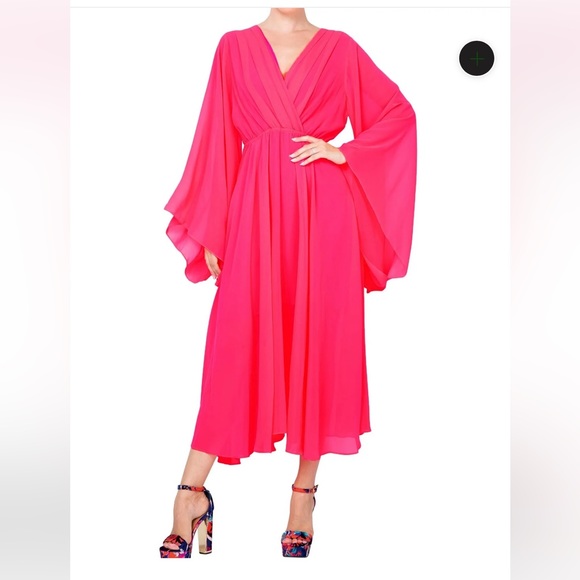 Meghan Fabulous Sunset MIDI Dress Neon Pink NWOT - Picture 2 of 4